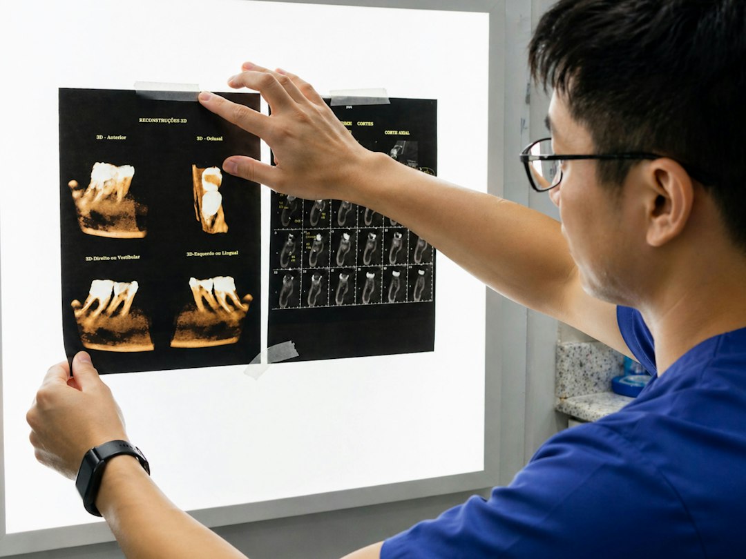 Dentist in blue scrubs reviewing dental X-rays